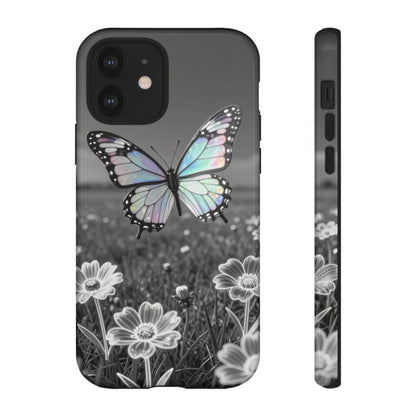 Butterfly Field Tough Phone Case — Pastel Holographic Butterfly on Black & White Floral Background