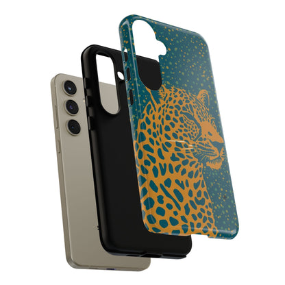 Leopard Print Tough Phone Case — Gold Panther on Teal, Protective iPhone Cover
