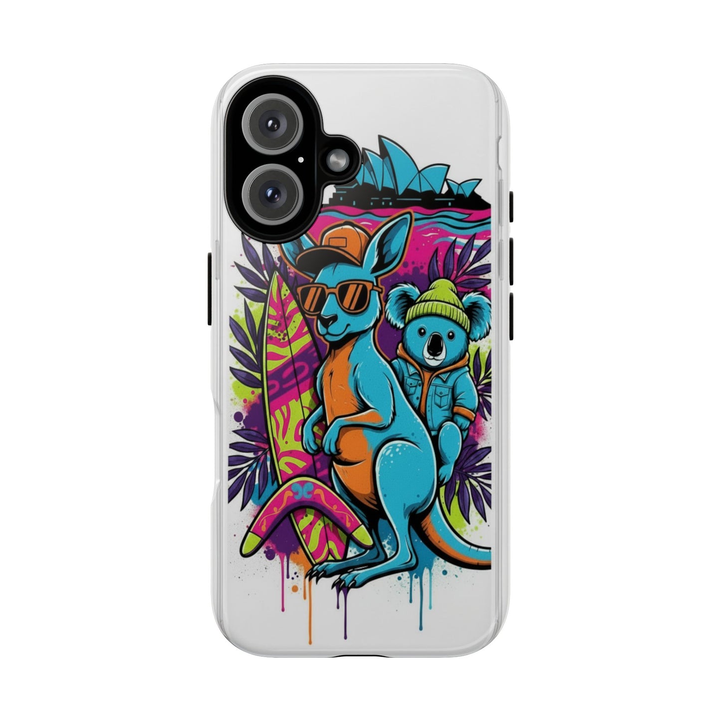 Kangaroo & Koala Surf Phone Case — Retro Neon Beach Art Tough Case