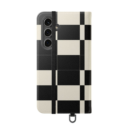 Checkered Flip Phone Case – Black & Cream Retro Grid Wallet Case