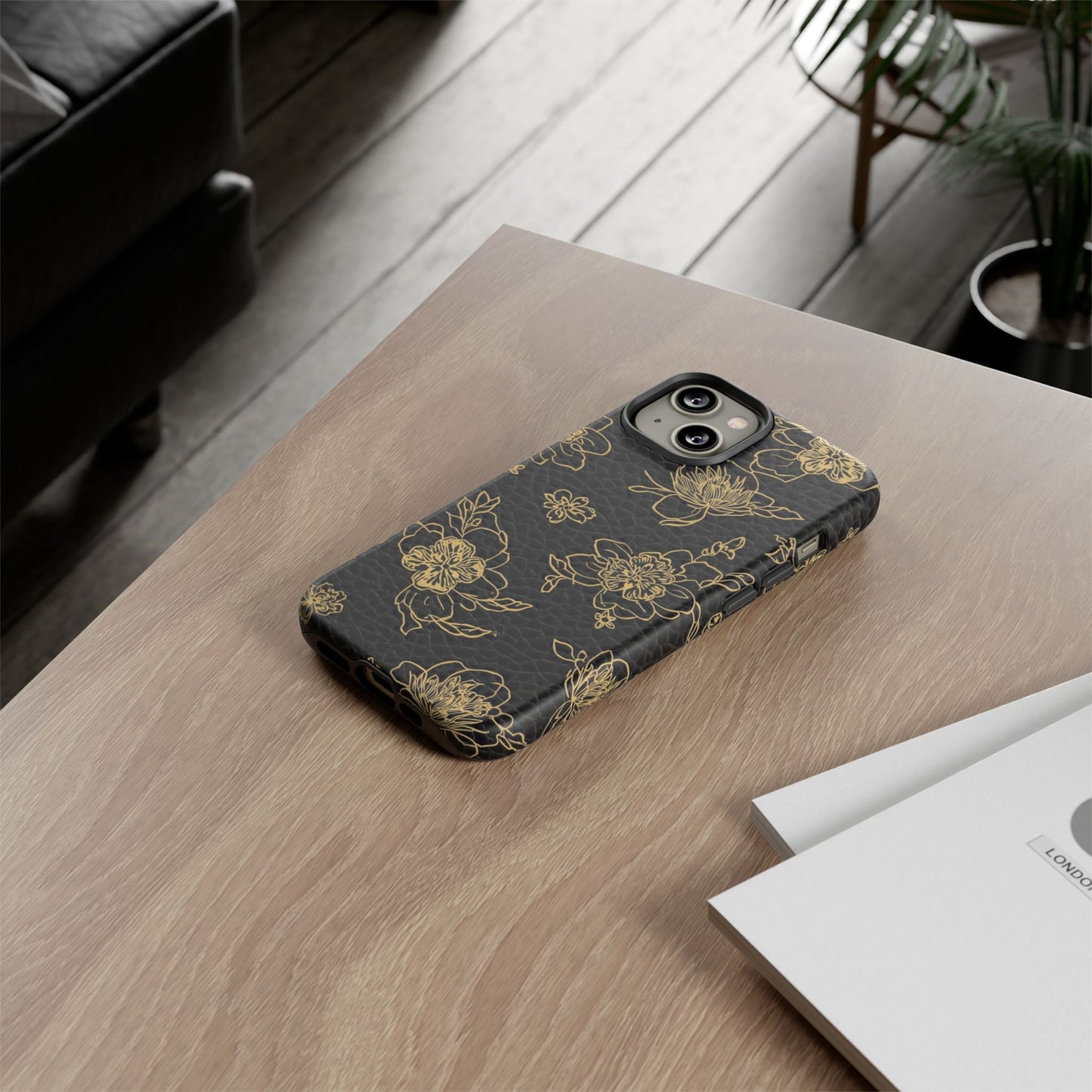 Floral Leather Phone Case — Gold Outline Flowers on Black Tough Case
