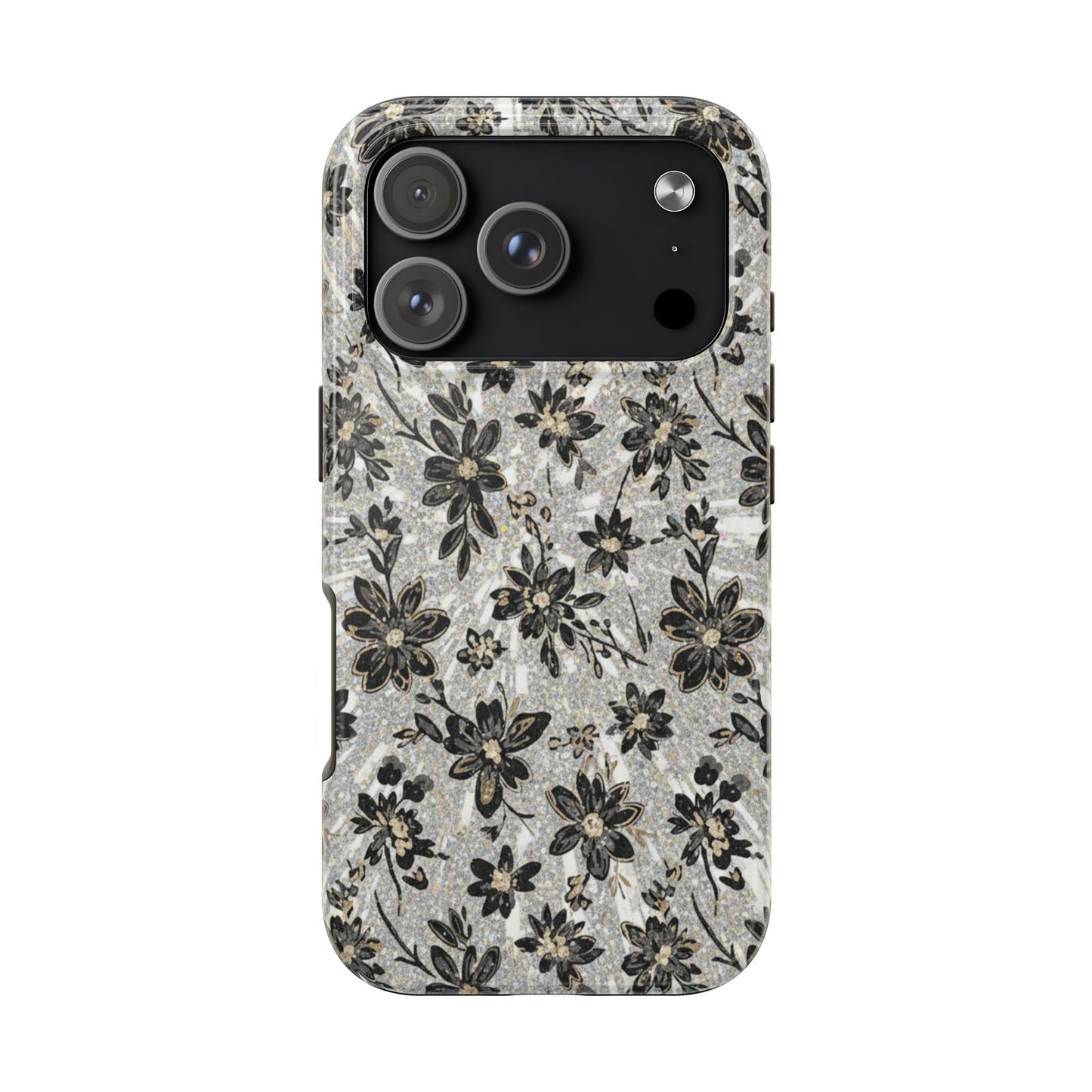Floral Vintage Tough Phone Case — Black & Gray Rustic Flower Protective Case