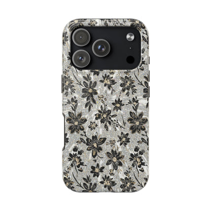 Floral Vintage Tough Phone Case — Black & Gray Rustic Flower Protective Case