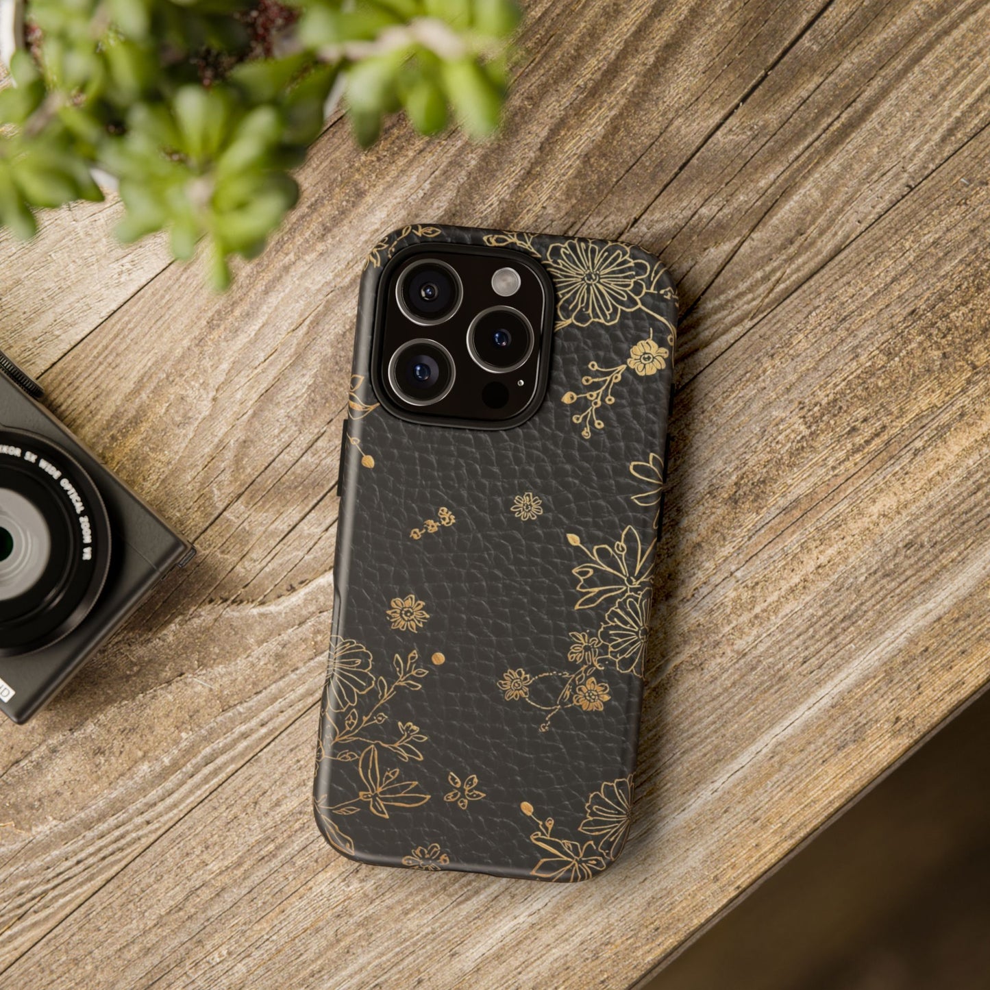 Floral Gold Foil Leather Texture Tough Phone Case