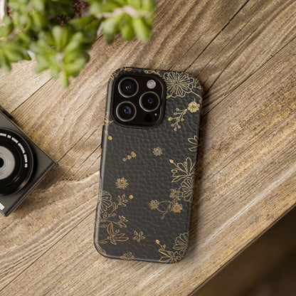 Floral Gold Foil Leather Texture Tough Phone Case