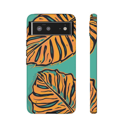 Tropical Leaf Tough Phone Case — Orange Monstera Design on Teal