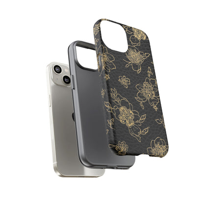 Floral Leather Phone Case — Gold Outline Flowers on Black Tough Case