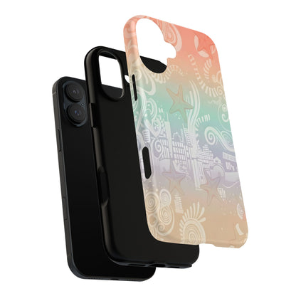 Tough Cases: Pastel Beach Pattern Phone Case — Starfish & Coastal Cityscape Protective Cover