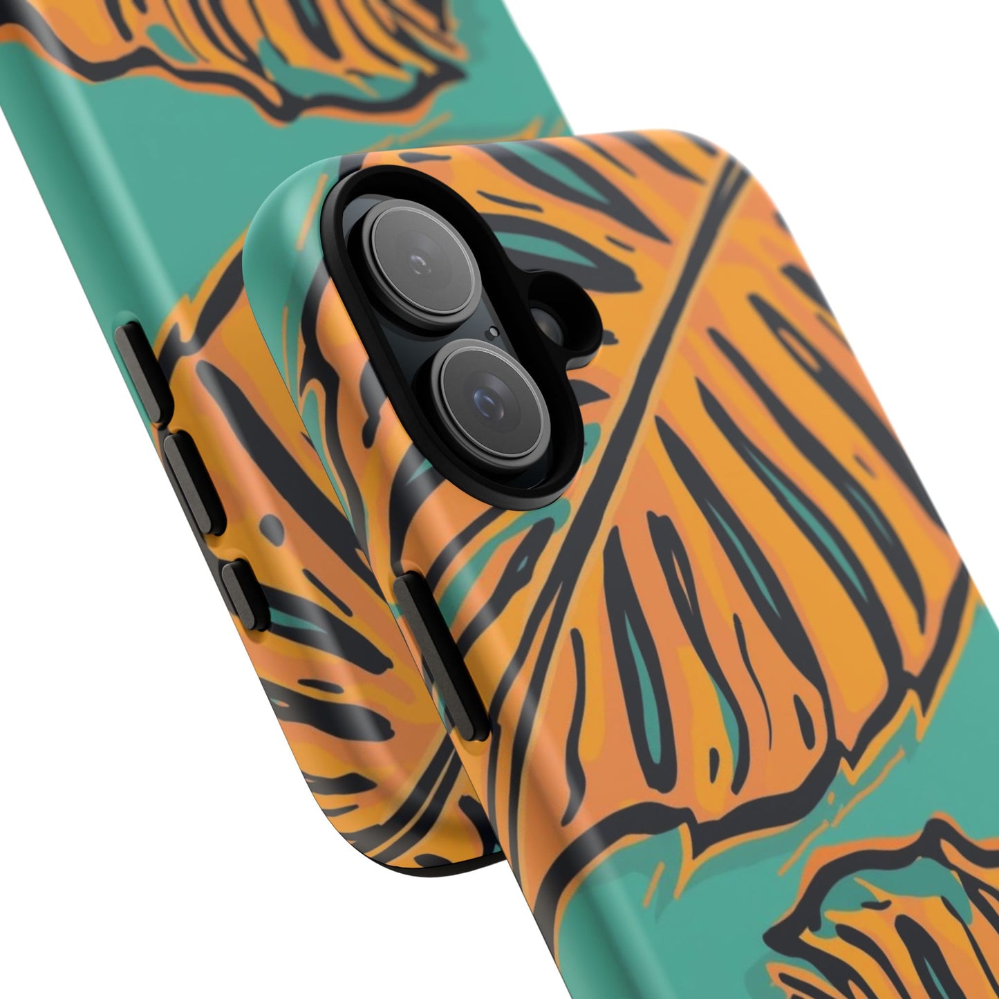 Tropical Leaf Tough Phone Case — Orange Monstera Design on Teal