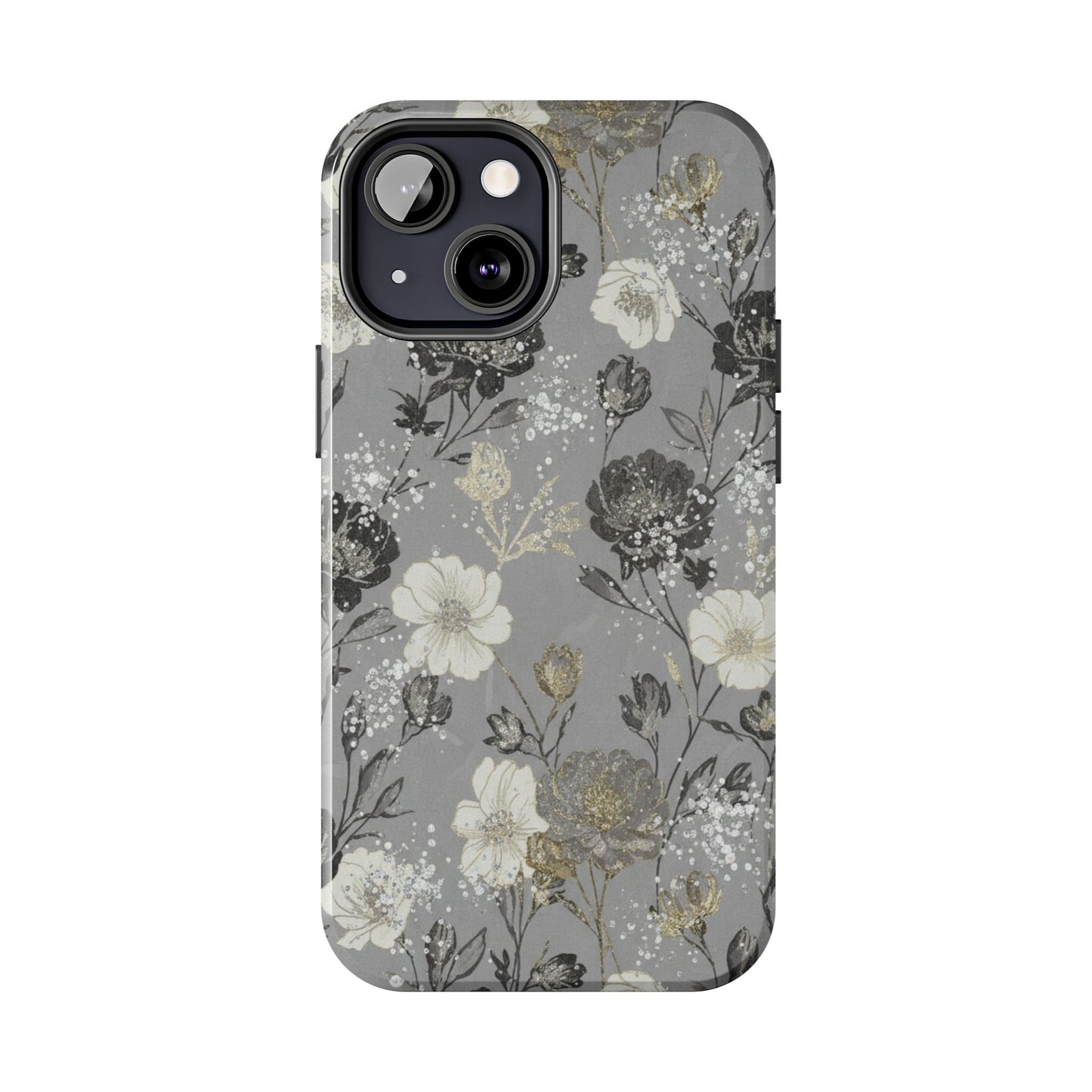 Floral Gray Tough Phone Case — Elegant Protective Phone Cover with Gold Accent