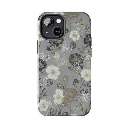 Floral Gray Tough Phone Case — Elegant Protective Phone Cover with Gold Accent