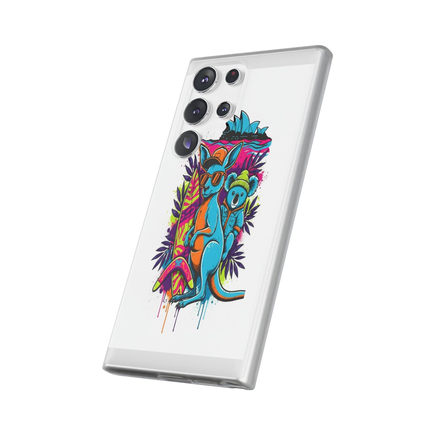 Kangaroo & Koala Surf Phone Case — Neon Aussie Beach Vibes Flexible Case
