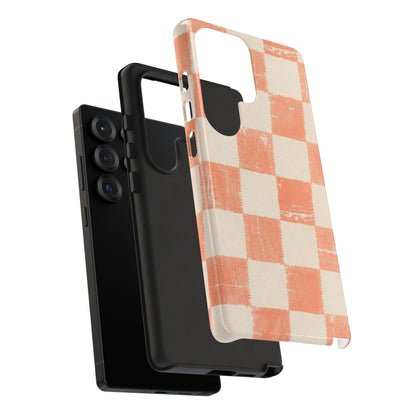 Peach Checkerboard Tough Phone Case — Retro Distressed Grid Design