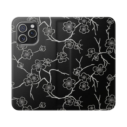Black Cherry Blossom Flip Phone Case – Floral Wallet Flip Case with Card Slots