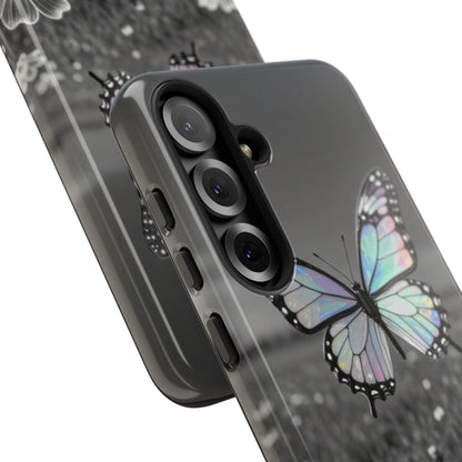 Butterfly Field Tough Phone Case — Pastel Holographic Butterfly on Black & White Floral Background