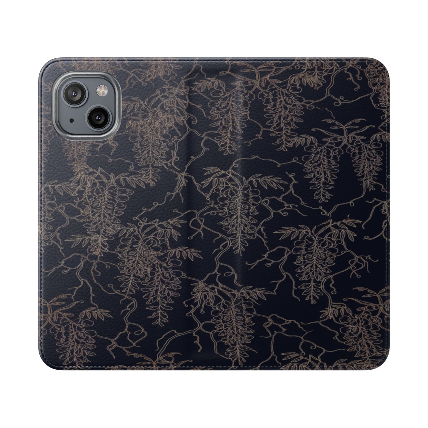 Botanical Noir Flip Phone Case — Dark Floral Wallet Cover with Card Slots