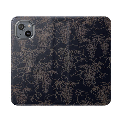 Botanical Noir Flip Phone Case — Dark Floral Wallet Cover with Card Slots