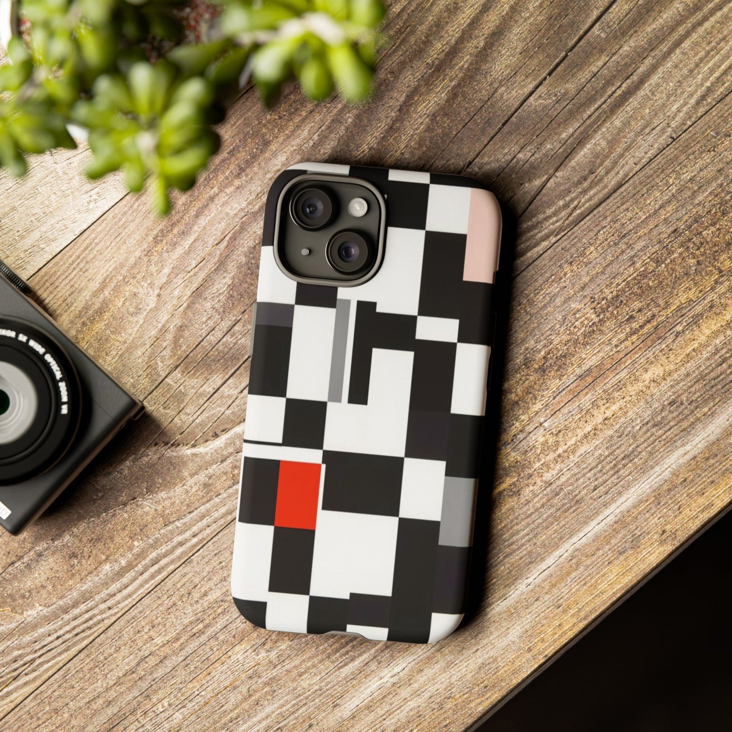 Abstract Geometric Phone Case – Black & White Checker Grid with Red Accent