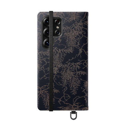 Botanical Noir Flip Phone Case — Dark Floral Wallet Cover with Card Slots