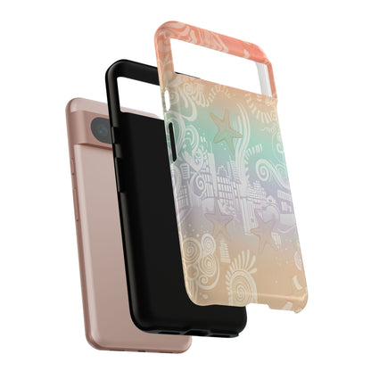 Tough Cases: Pastel Beach Pattern Phone Case — Starfish & Coastal Cityscape Protective Cover