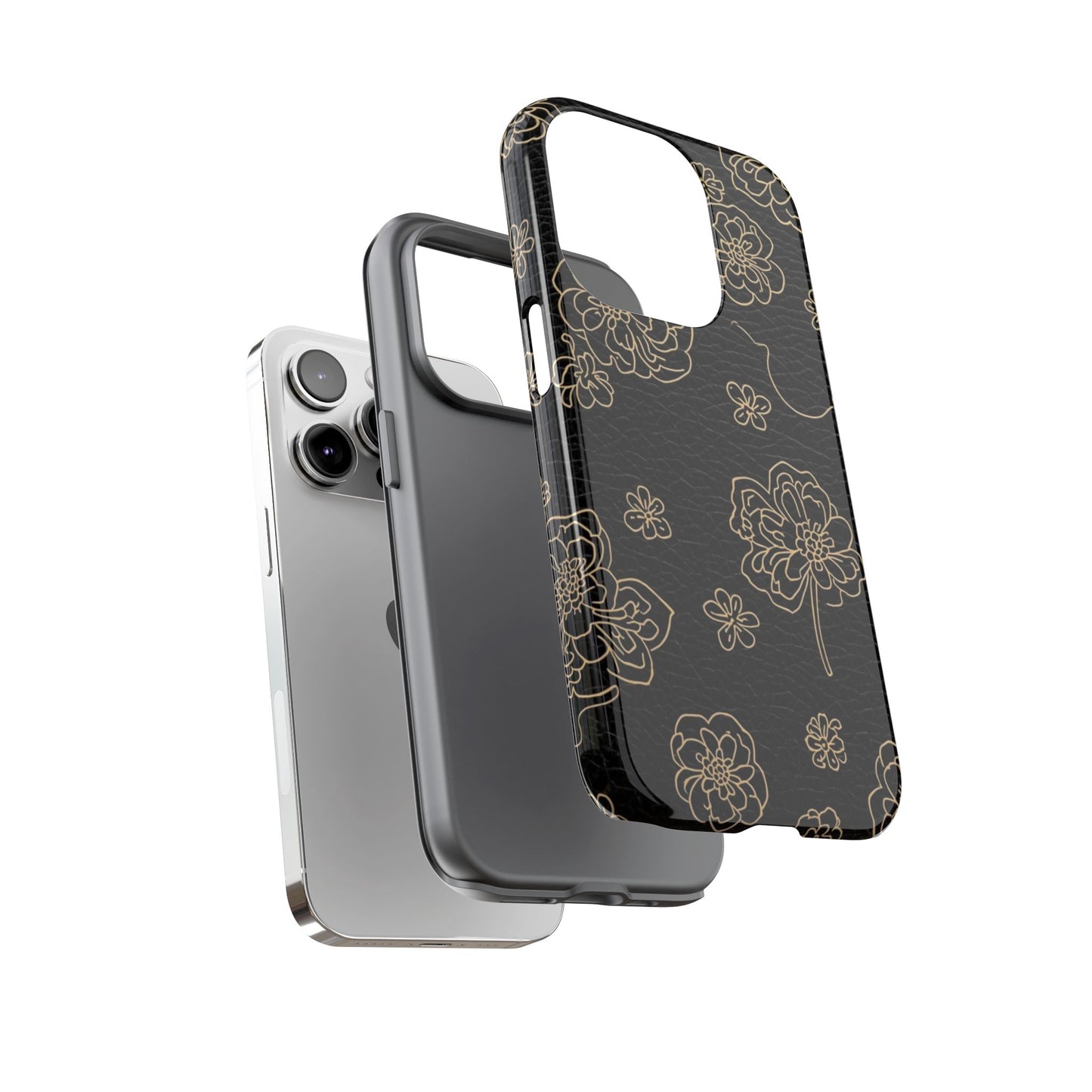 Floral Leather-Texture Tough Case – Black Gold Outline Phone Cover