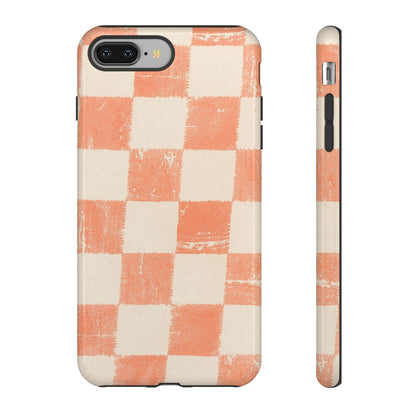 Peach Checkerboard Tough Phone Case — Retro Distressed Grid Design