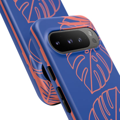 Tropical Monstera Phone Case — Blue & Coral Leaf Protective Cover