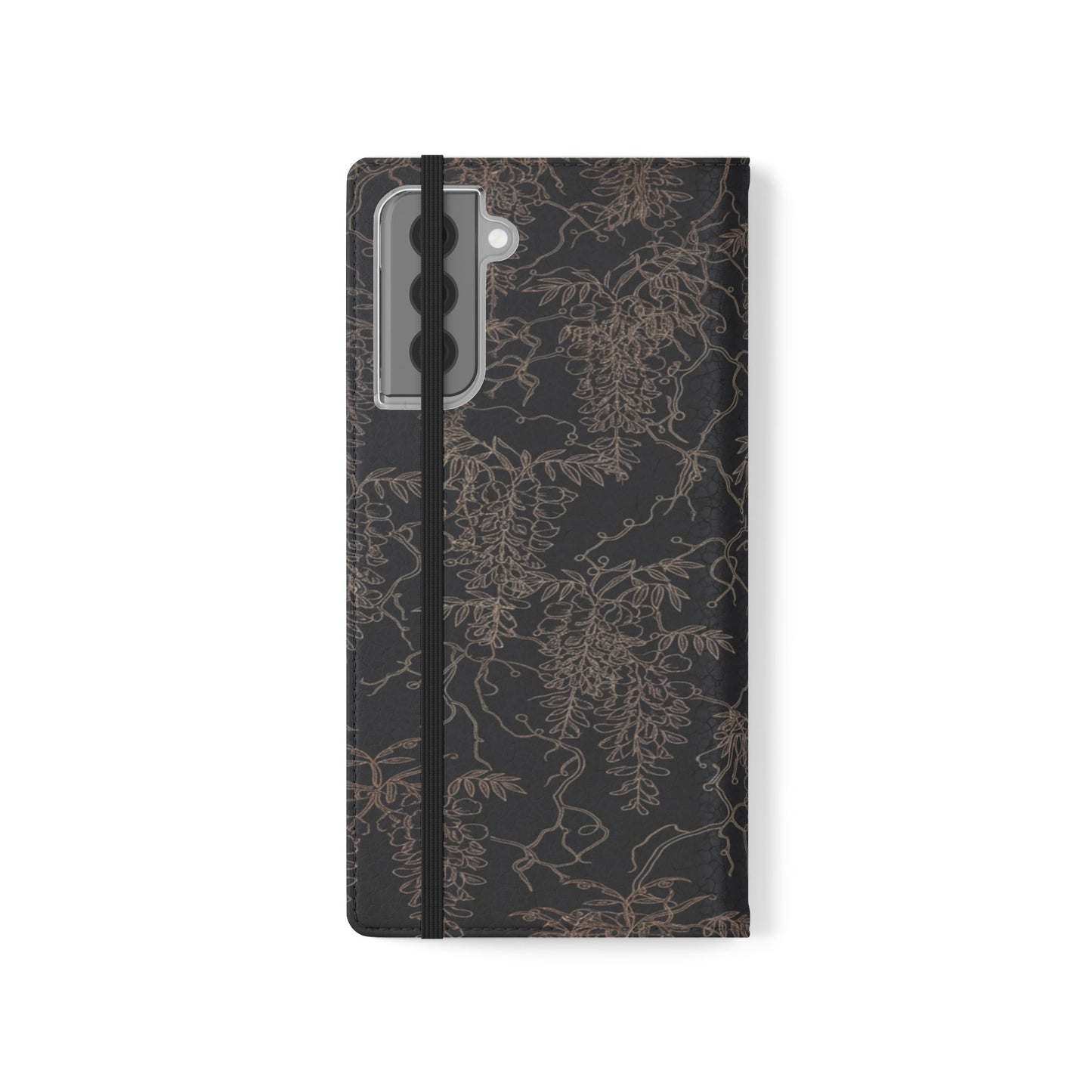 Botanical Noir Flip Phone Case — Dark Floral Wallet Cover with Card Slots