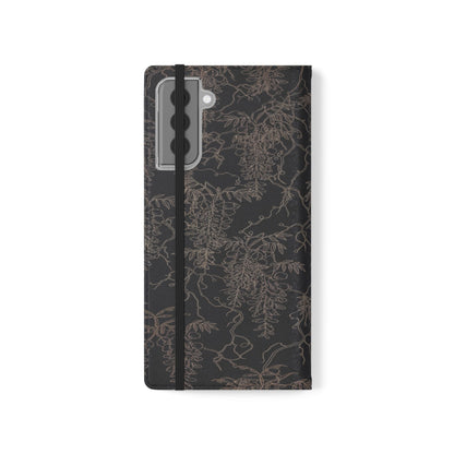 Botanical Noir Flip Phone Case — Dark Floral Wallet Cover with Card Slots