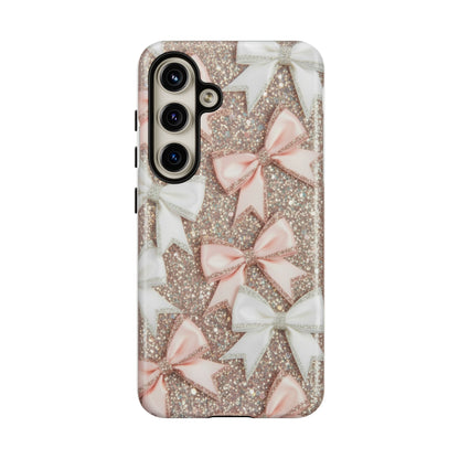 Glitter Bow Tough Phone Case — Pink & White Ribbon Protective Cover