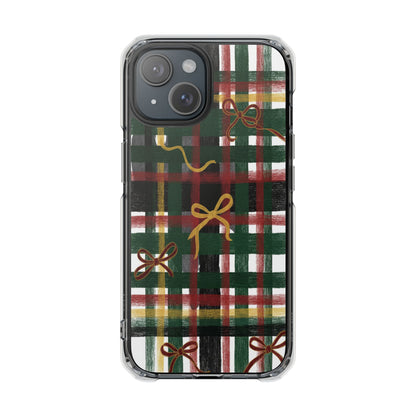 Phone Case - Festive Plaid with Gold Bows Clear Magnetic Impact Case
