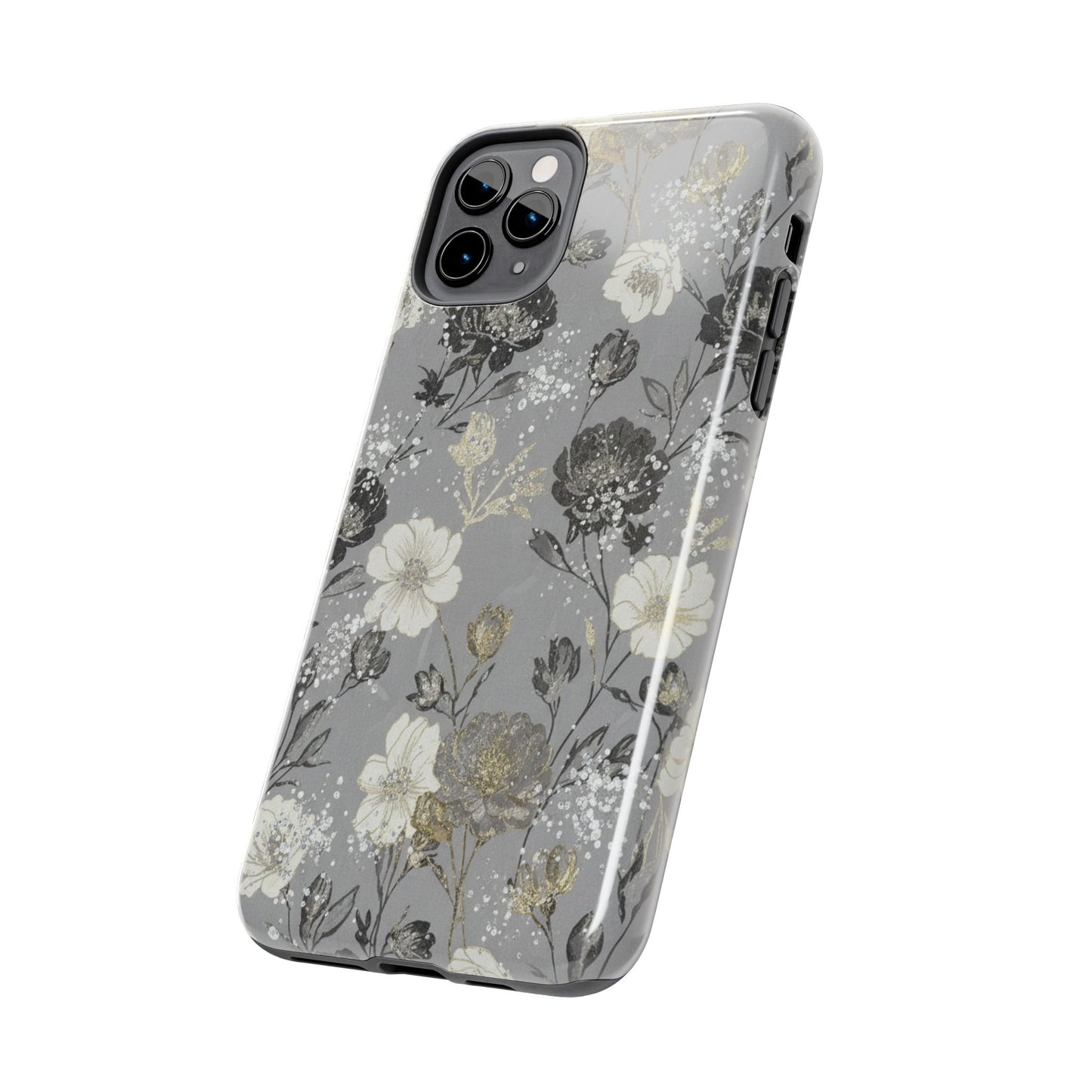 Floral Gray Tough Phone Case — Elegant Protective Phone Cover with Gold Accent