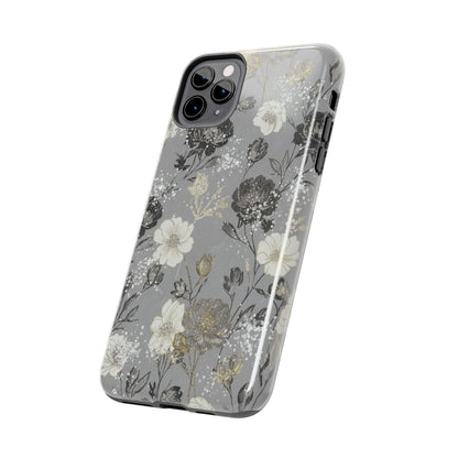 Floral Gray Tough Phone Case — Elegant Protective Phone Cover with Gold Accent