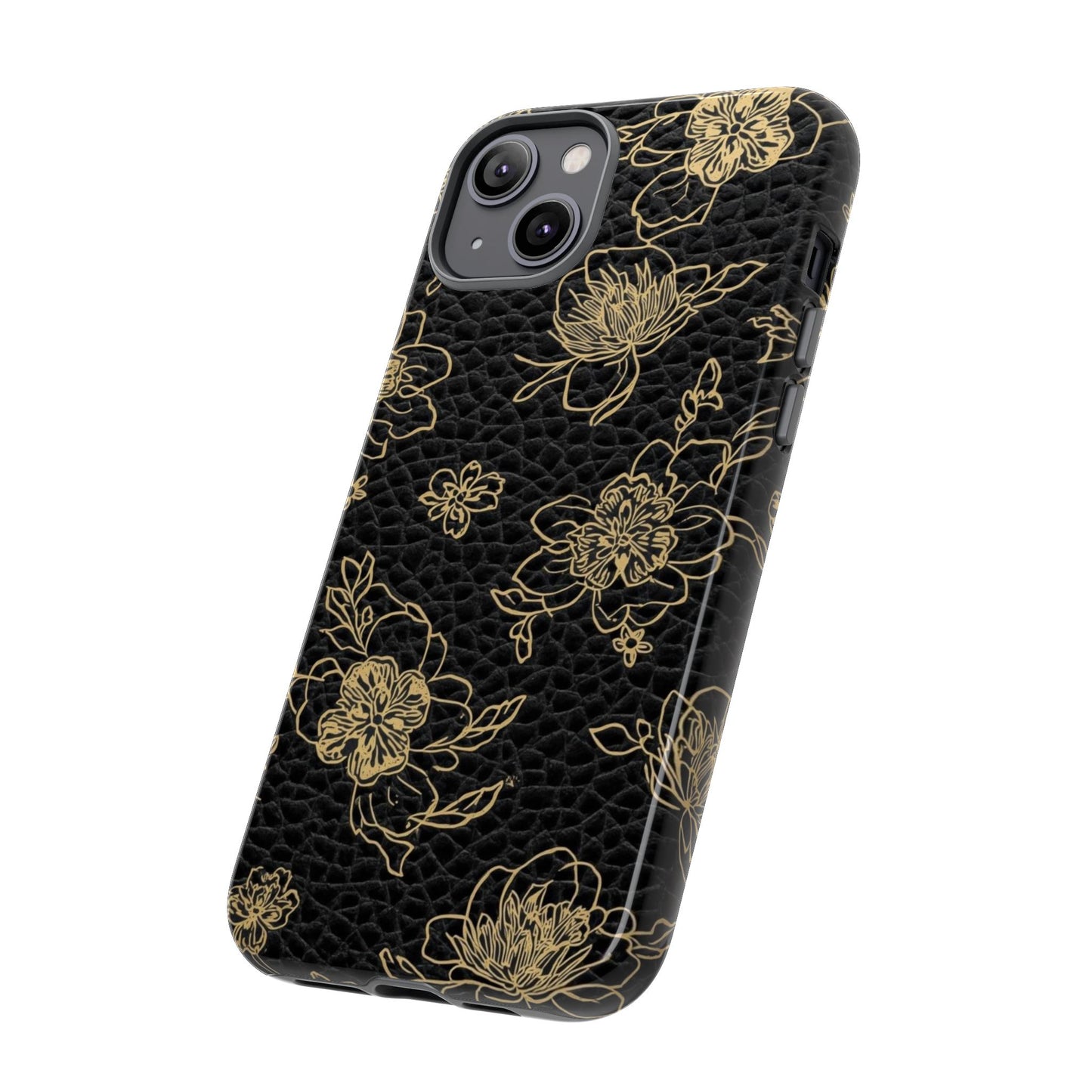 Floral Leather Phone Case — Gold Outline Flowers on Black Tough Case