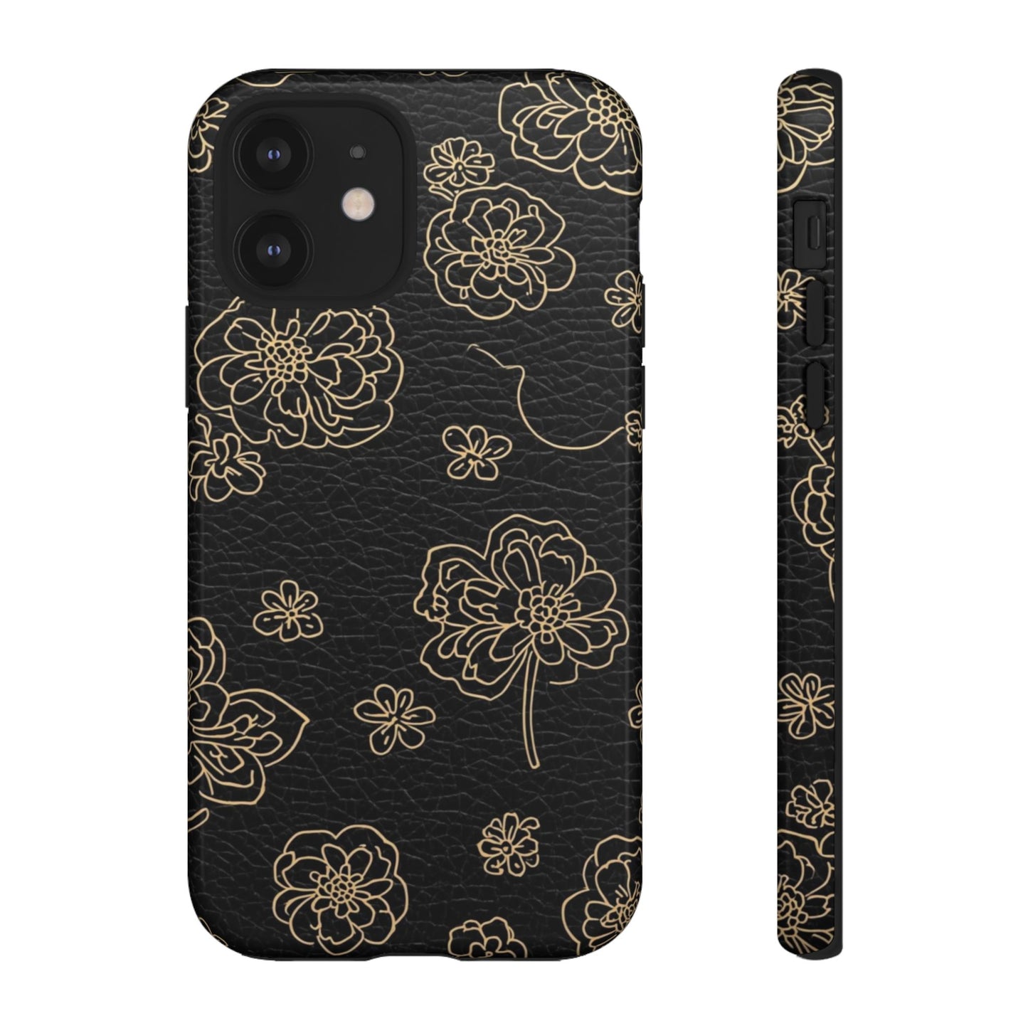 Floral Leather-Texture Tough Case – Black Gold Outline Phone Cover