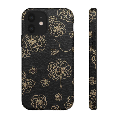 Floral Leather-Texture Tough Case – Black Gold Outline Phone Cover