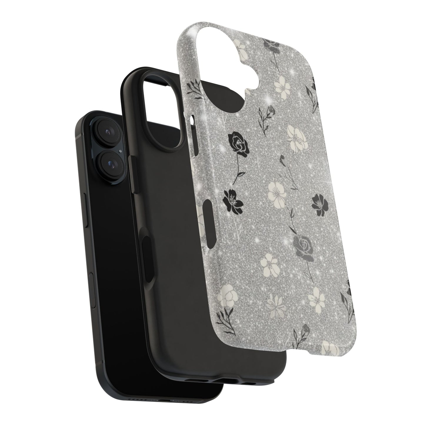 Floral Glitter Tough Phone Case — Black & Silver Vintage Flower Protective Cover