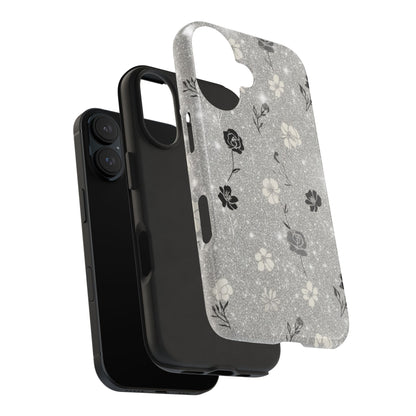 Floral Glitter Tough Phone Case — Black & Silver Vintage Flower Protective Cover