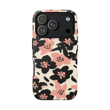 Floral Phone Case — Pink & Black Retro Blossom Protective Cover