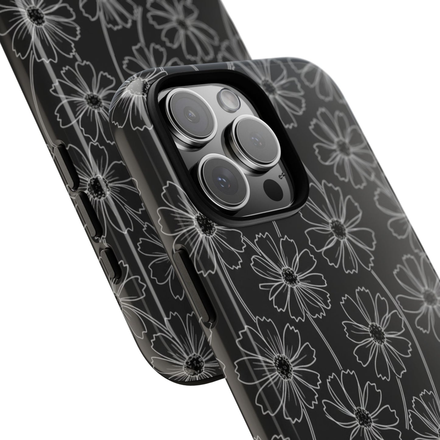 Floral Doodle Tough Phone Case — Black & Gray Daisy Pattern