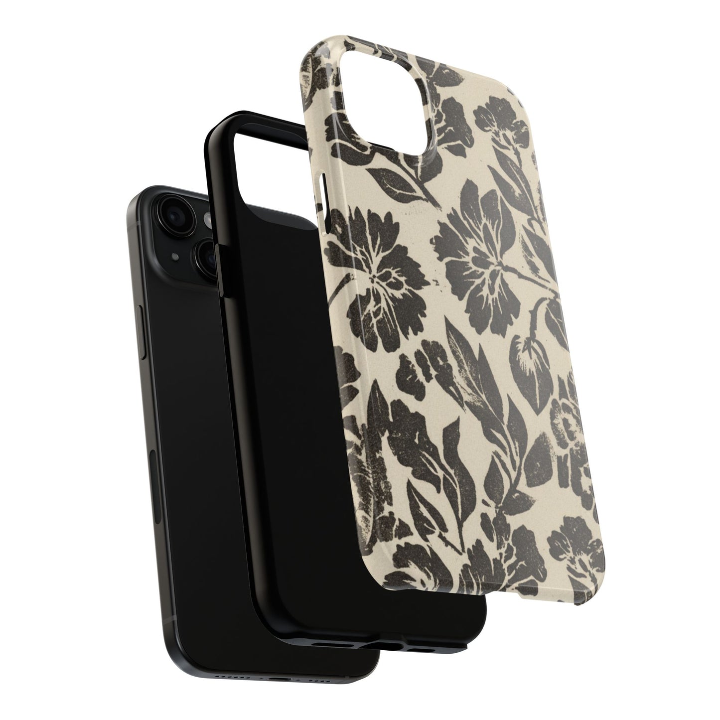 Floral Noir Tough Phone Case — Black Vintage Flower Protective Cover