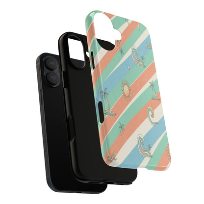 Retro Beach Stripes Phone Case — Sun, Waves & Palm Pattern Tough Case