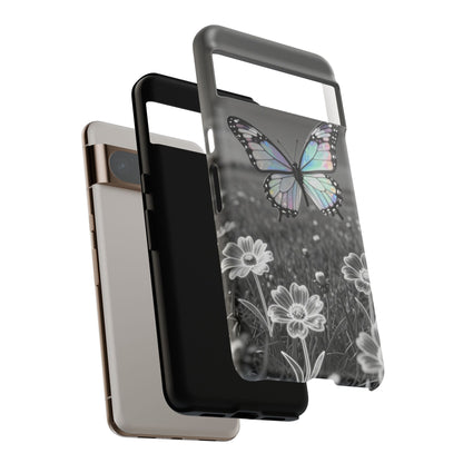 Butterfly Field Tough Phone Case — Pastel Holographic Butterfly on Black & White Floral Background