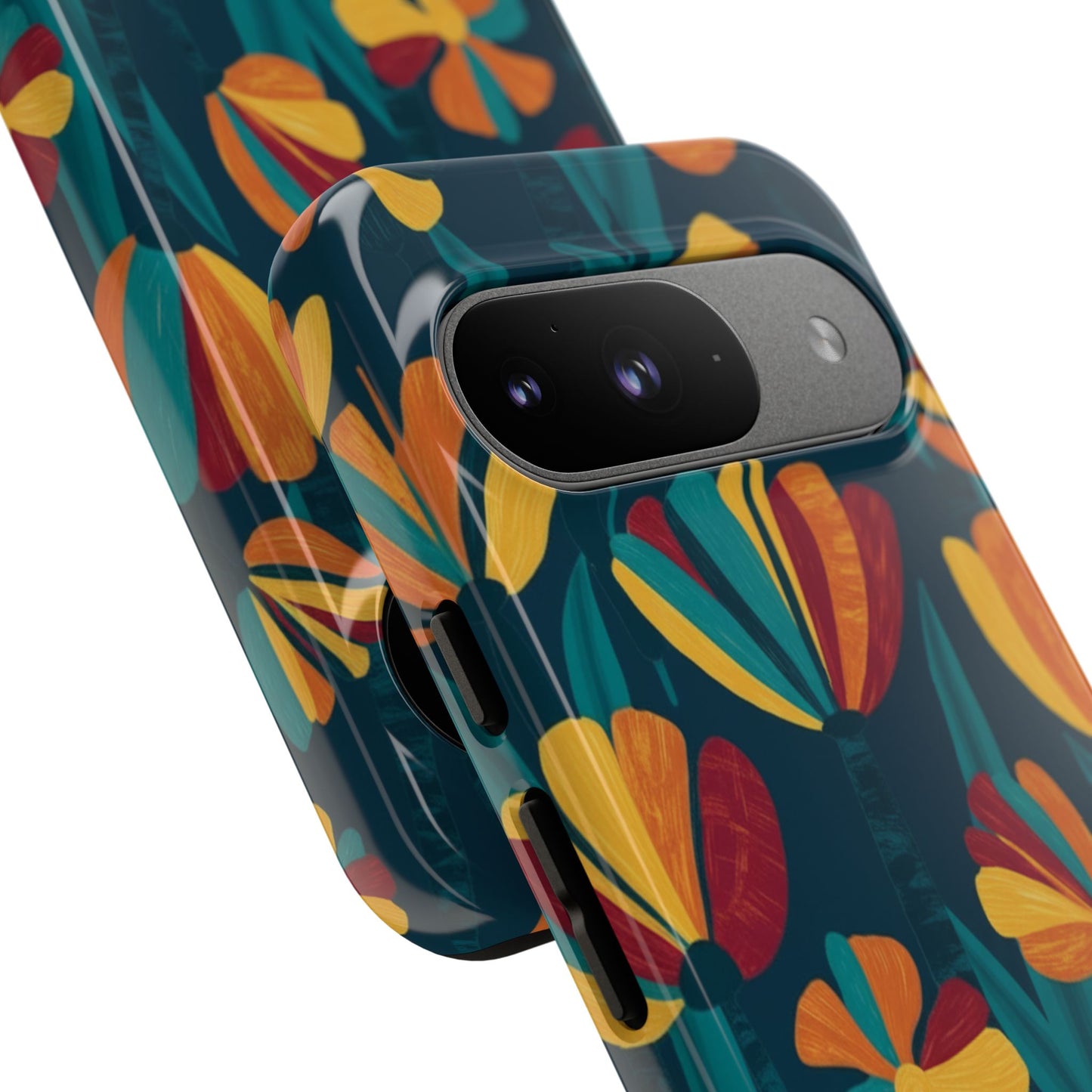 Floral Retro Teal Tough Phone Case — Vibrant Orange & Mustard Blooms