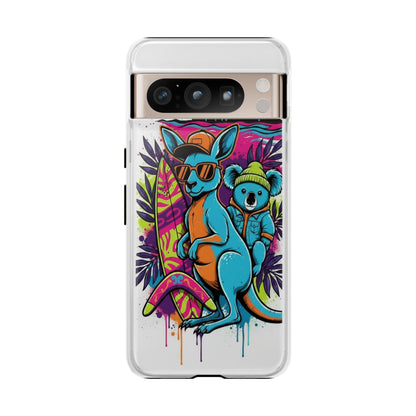 Kangaroo & Koala Surf Phone Case — Retro Neon Beach Art Tough Case