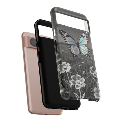 Butterfly Field Tough Phone Case — Pastel Holographic Butterfly on Black & White Floral Background