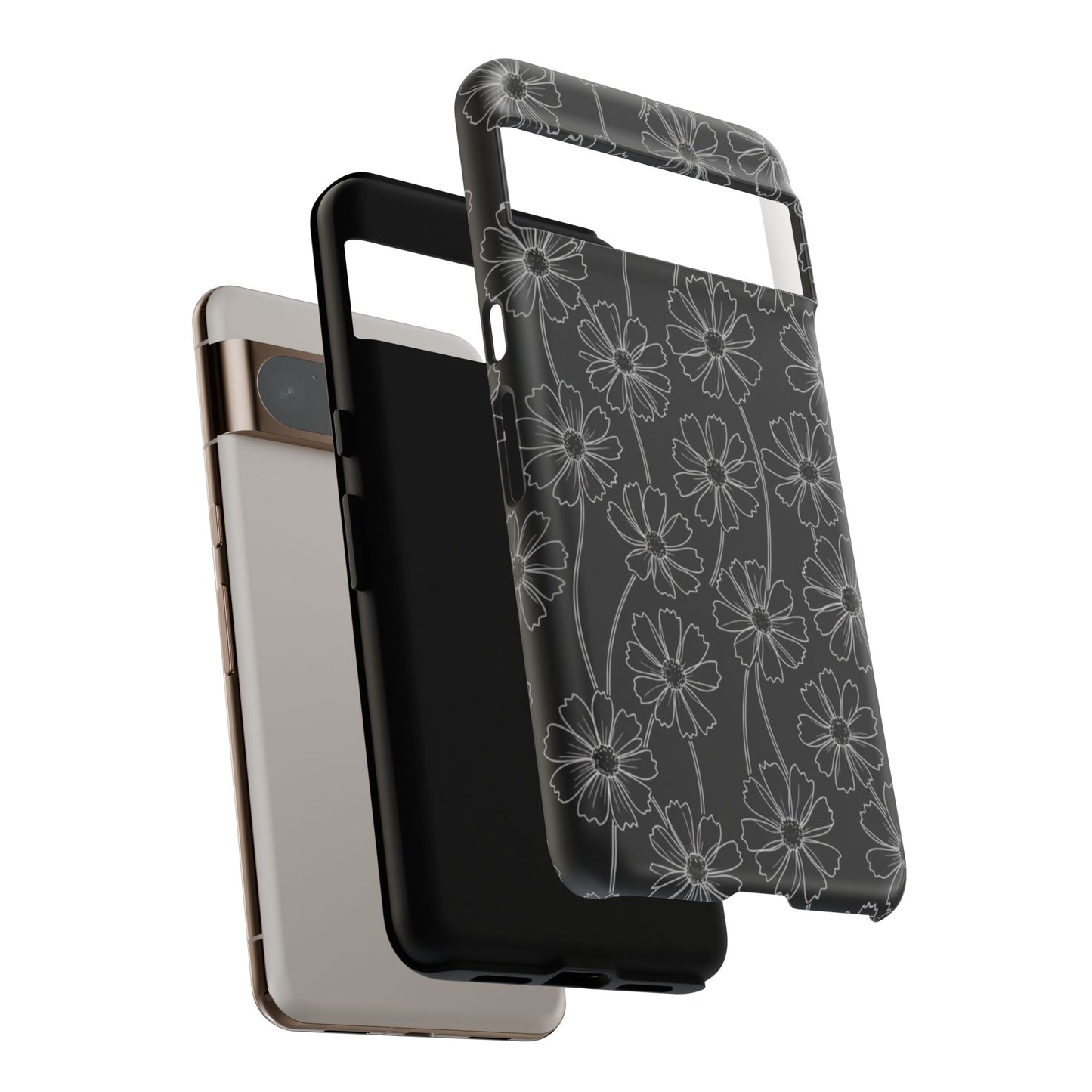 Floral Doodle Tough Phone Case — Black & Gray Daisy Pattern