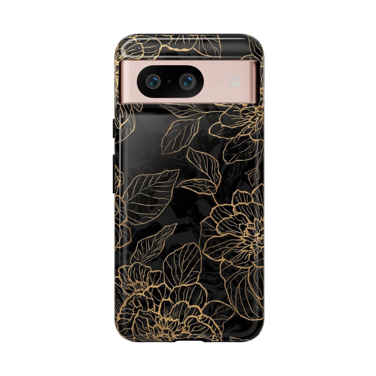 Floral Gold Outline Tough Phone Case – Black Botanical Protective Cover