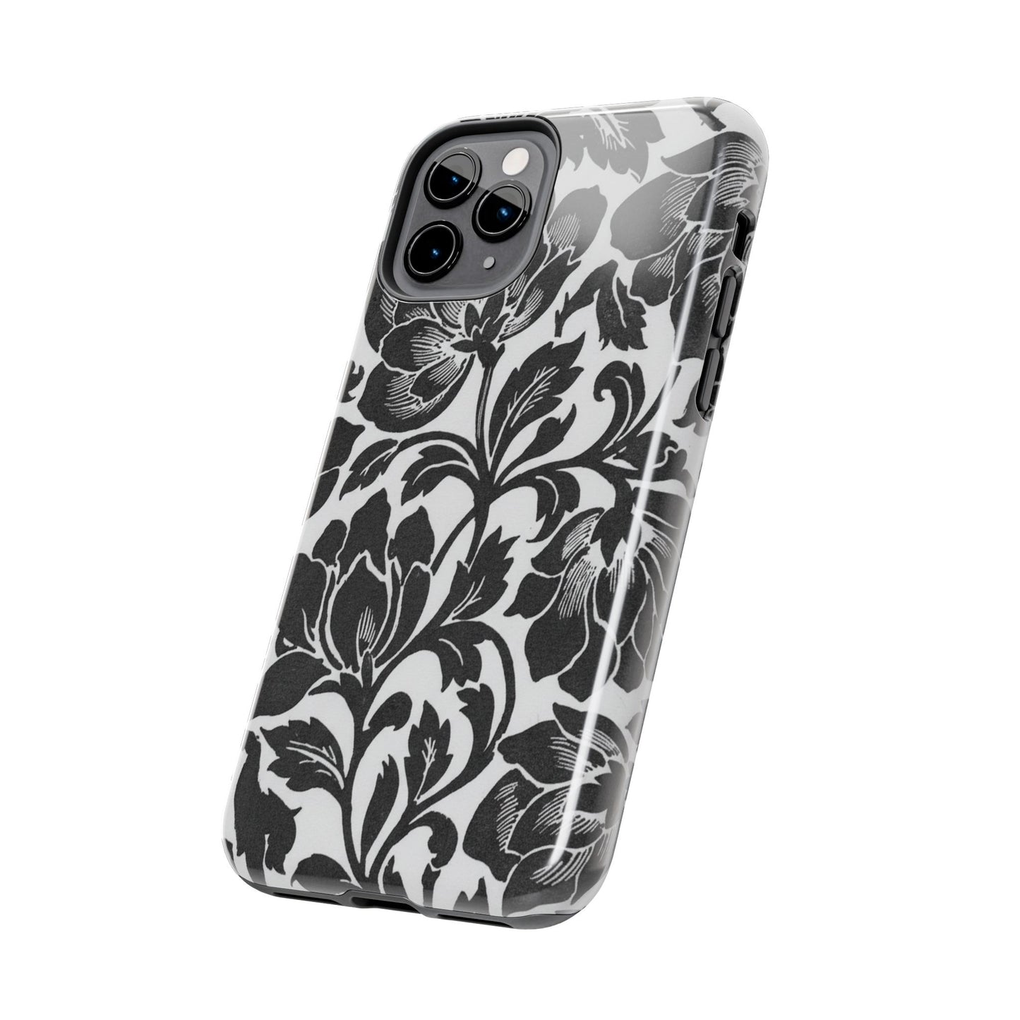 Tough Phone Case — Black & White Vintage Floral Protective Cover
