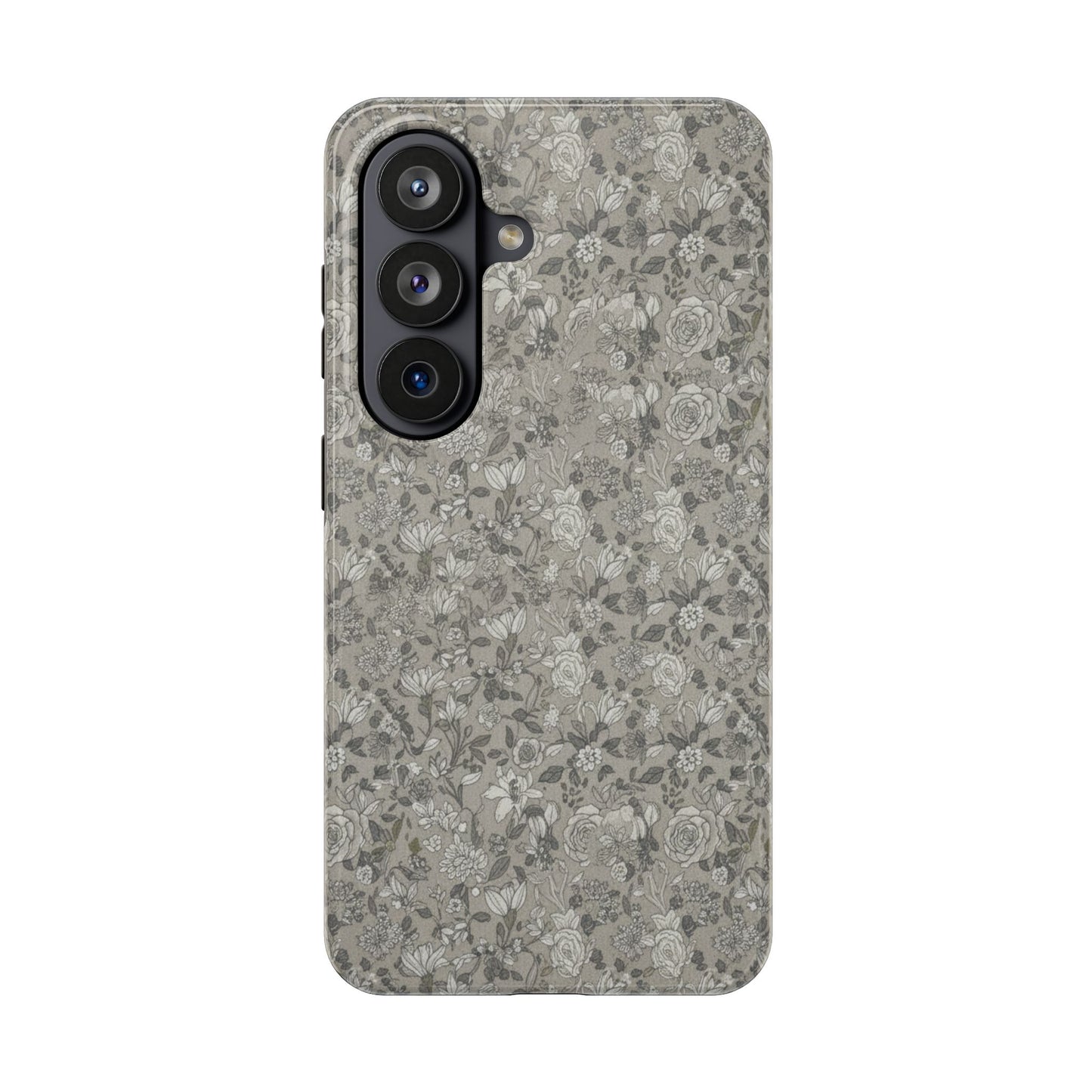 Gray Floral Tough Phone Case — Durable Protective Phone Cover with Vintage Botanical Pattern